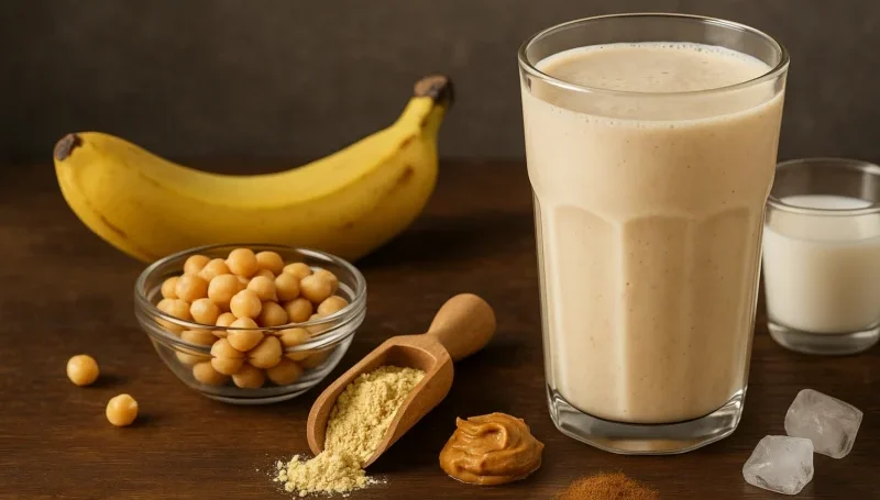 Veganski proteinski šejk sa leblebijama, bananom, biljnim mlekom, kikiriki puterom i proteinom u prahu, prikazan u čaši sa sastojcima raspoređenim na drvenoj podlozi.