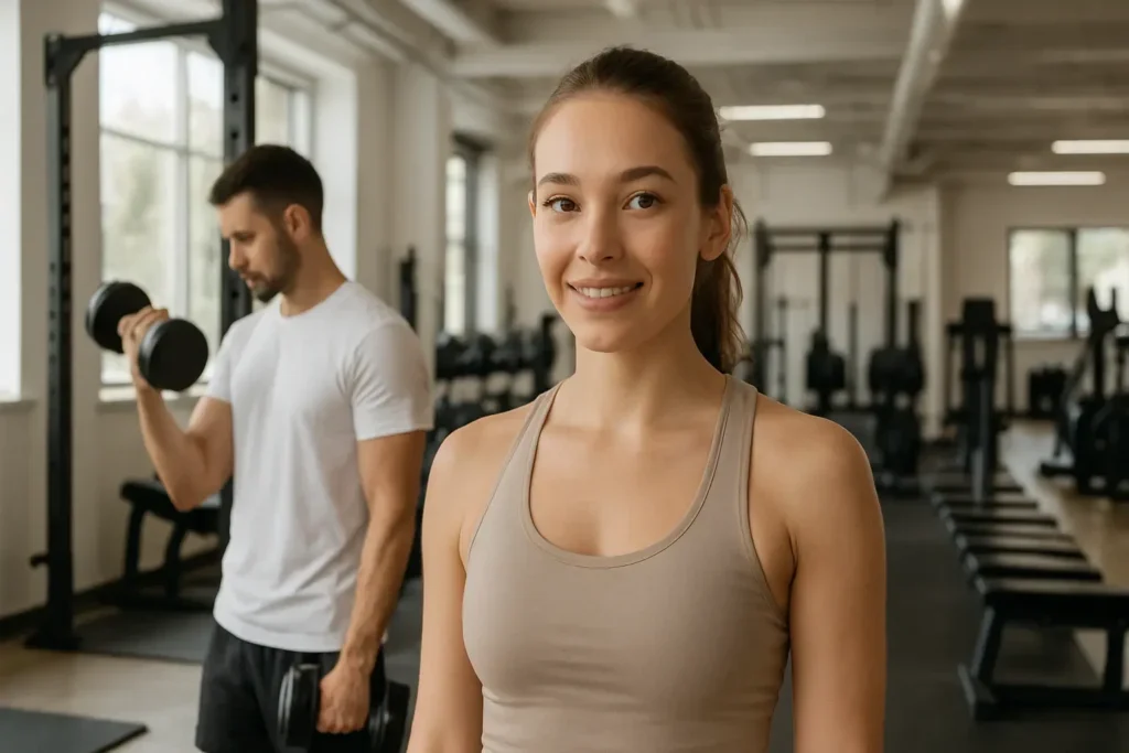 Žena i muškarac u teretani tokom redovnog treninga, ilustracija pitanja koliko često treba trenirati da bi se videli rezultati.