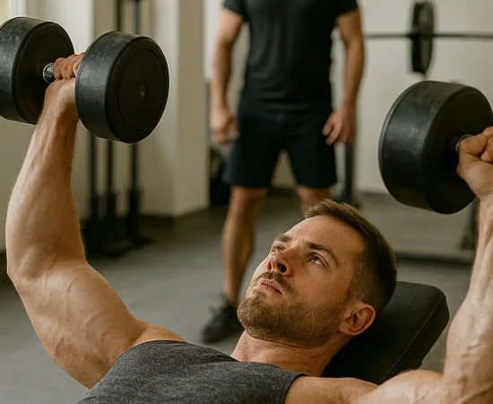 Muškarac izvodi bench press sa bučicama u teretani, fokusiran na izgradnju mišićne mase kroz vežbu snage.