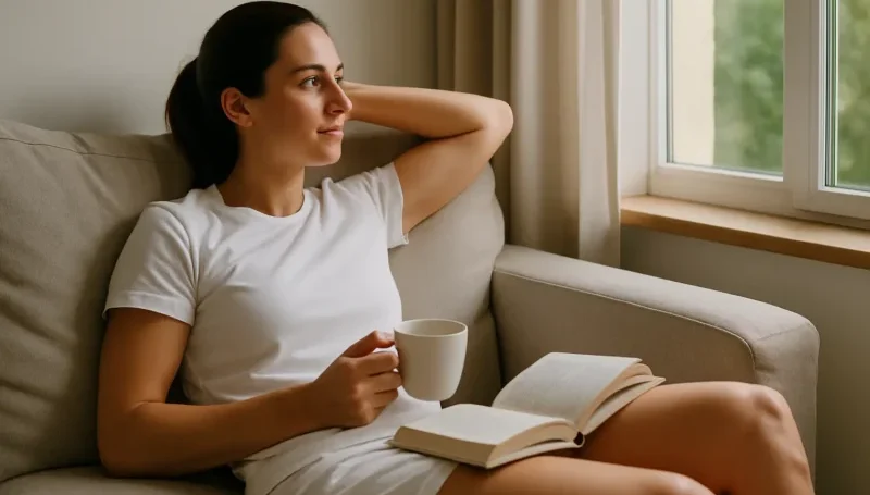 Žena u sportskoj beloj majici i šortsu sedi na sofi, drži šolju i knjigu, i gleda kroz prozor tokom dana odmora.