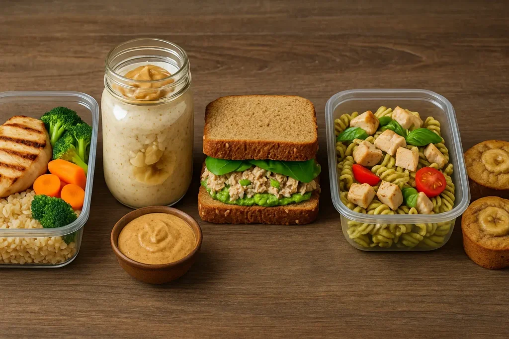 Pet obroka za mišićnu masu na drvenoj površini – piletina sa pirinčem i povrćem u plastičnoj kutiji, zobena kaša sa bananom i kikiriki puterom u tegli, integralni sendvič sa tunjevinom i avokadom, pasta sa piletinom i pestom u kutiji, i dva proteinska mafina sa bananom. Idealni za poneti i očuvanje forme.