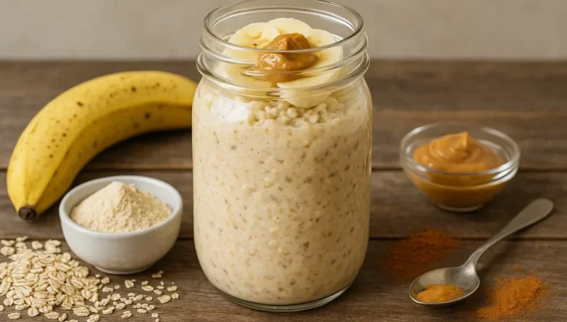 Staklena tegla puna zobene kaše sa bananom, whey proteinom i kikiriki puterom, okružena sastojcima na drvenoj podlozi – zdrav i praktičan obrok za poneti.