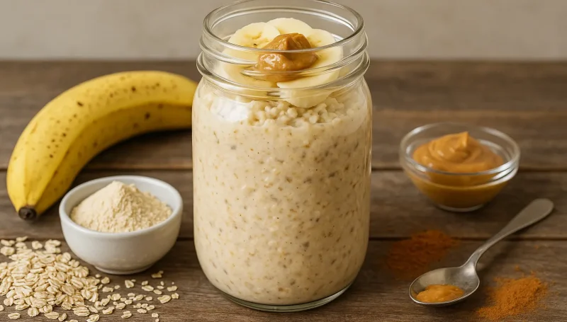 Staklena tegla puna zobene kaše sa bananom, whey proteinom i kikiriki puterom, okružena sastojcima na drvenoj podlozi – zdrav i praktičan obrok za poneti.