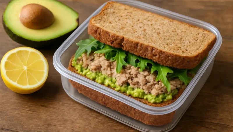 Sendvič od integralnog hleba sa tunjevinom, avokado namazom i rukolom u plastičnoj kutiji, uz limun i avokado – obrok za poneti bogat proteinima i zdravim mastima.