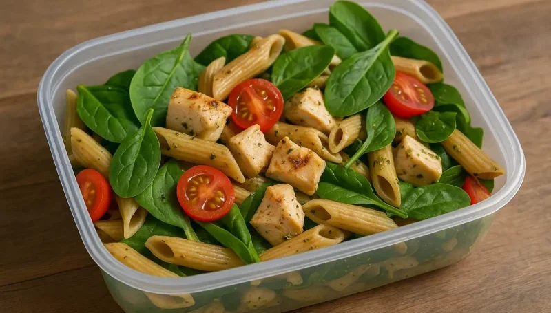 Plastična kutija sa hladnom salatom od integralne paste, grilovane piletine, spanaća i čeri paradajza – obrok bogat proteinima i ugljenim hidratima, spreman za poneti.