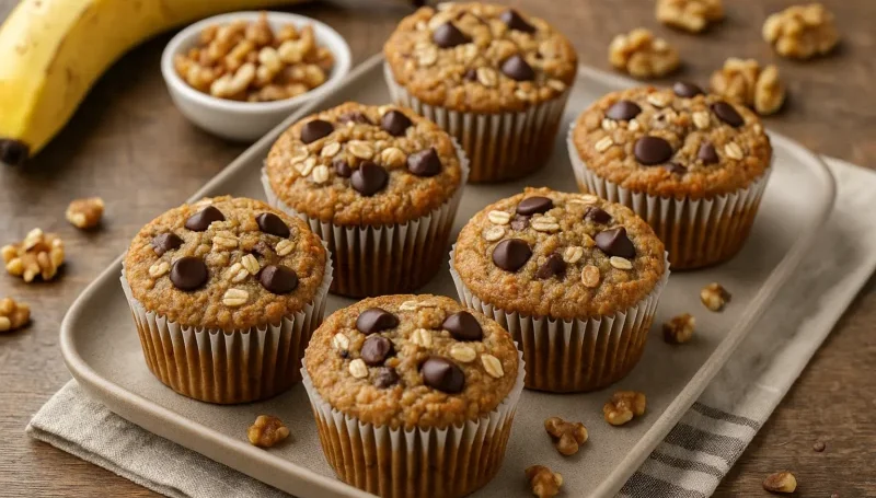Šest proteinskih mafina sa ovsenim pahuljicama i komadićima čokolade na tanjiru, okruženi orasima i bananom – praktična i zasitna proteinska užina.