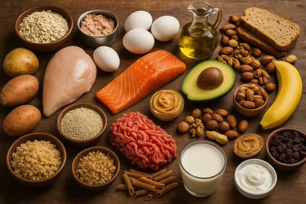 20 najvažnijih namirnica za povećanje mišićne mase – piletina, losos, jaja, avokado, orašasti plodovi, zob, batat, integralni pirinač i drugi sastojci raspoređeni na drvenoj površini.