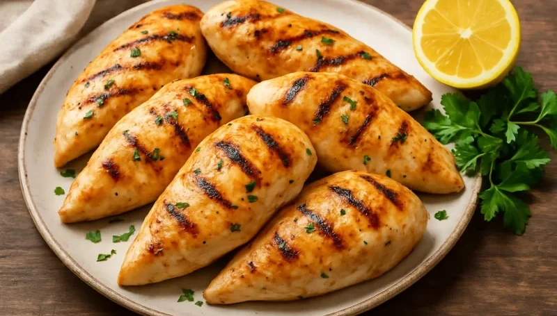 Grilovana pileća prsa na tanjiru, servirana sa svežim peršunom i polovinom limuna – odličan izvor proteina za izgradnju mišićne mase.