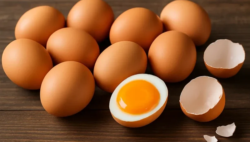 Sirova i kuvana jaja na drvenoj površini, uključujući jedno polutvrdo kuvano jaje sa žumancetom – bogat prirodni izvor proteina i vitamina.