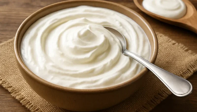 Zdelica grčkog jogurta sa kašikom, gust i kremast – odličan izvor proteina i probiotika za izgradnju mišićne mase.