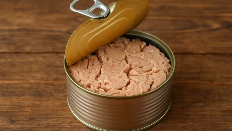 Otvorena konzerva tunjevine na drvenoj površini – praktičan izvor proteina bogat omega-3 masnim kiselinama.
