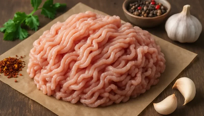 Sirova mlevena ćuretina na papiru za pečenje, okružena začinima i belim lukom – lagan, ali snažan izvor proteina za rast mišića.