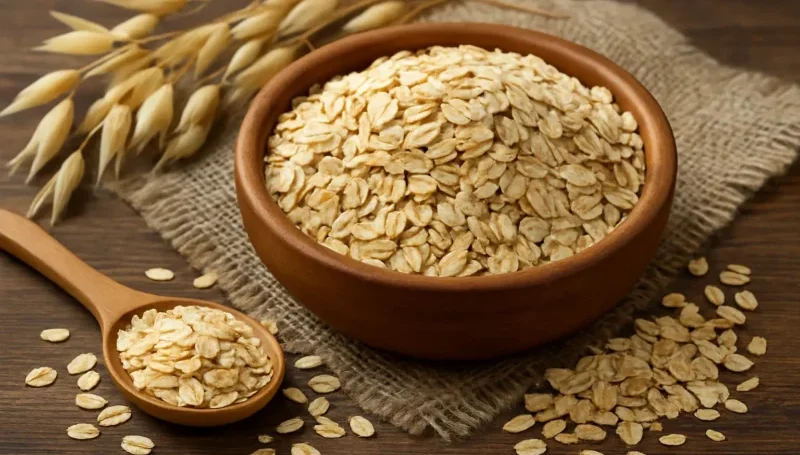 Zobene pahuljice u drvenoj činiji sa kašikom i razbacanim zrnima ovsa – sporootpuštajući izvor energije bogat vlaknima.