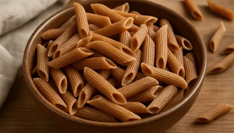 Integralna testenina u drvenoj činiji na svetloj podlozi – izvor složenih ugljenih hidrata za energiju i mišićnu masu.