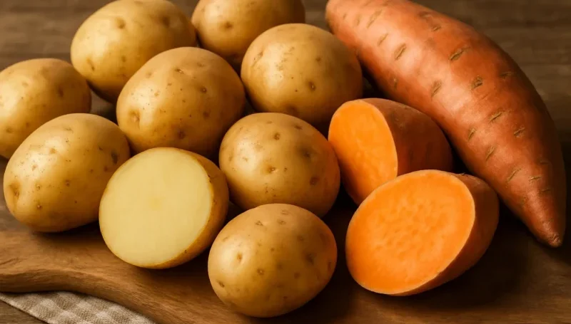 Sirov beli krompir i batat na drvenoj podlozi – prirodan izvor složenih ugljenih hidrata za energiju i rast mišića.