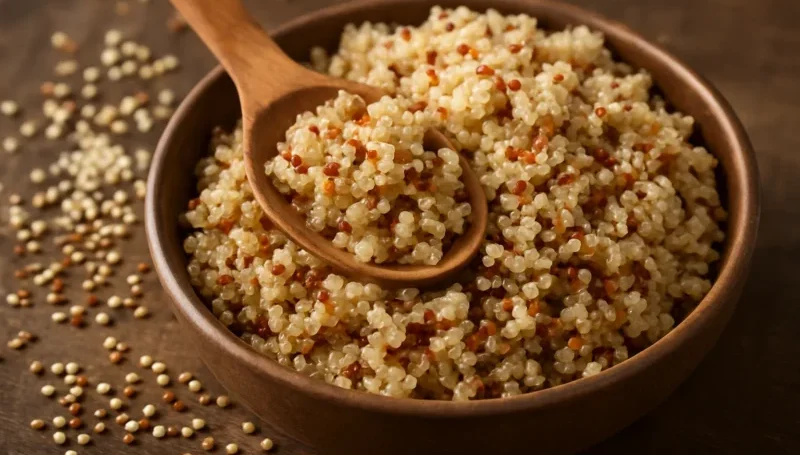 Kuvana kinoja u drvenoj činiji sa drvenom kašikom – biljka bogata proteinima i vlaknima, idealna za vegansku ishranu i mišićnu masu.