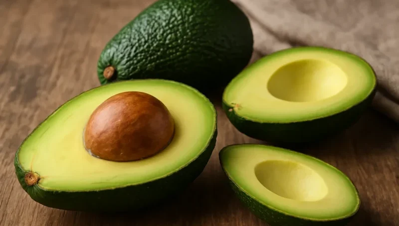 Zreo avokado presečen na pola, sa košticom i bez nje – bogat izvor zdravih masti, vlakana i mikronutrijenata.