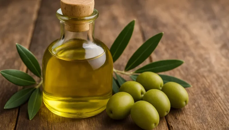 Bočica maslinovog ulja sa zelenim maslinama i grančicama na drvenoj podlozi – tečno zlato bogato mononezasićenim mastima i antioksidansima.