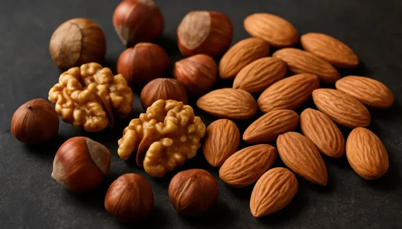 Bademi, lešnici i orasi na tamnoj površini – kalorično bogat izvor zdravih masti, proteina i mikronutrijenata za rast mišića.