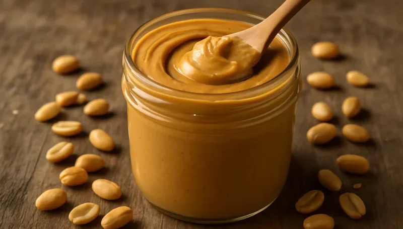 Staklena tegla puna kremastog kikiriki putera sa drvenom kašičicom i zrncima kikirikija na drvenoj podlozi – praktičan izvor kalorija i zdravih masti.