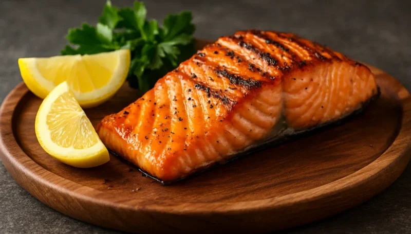 Grilovani file lososa na drvenom tanjiru sa kriškama limuna i peršunom – bogat izvor omega-3 masnih kiselina i proteina.