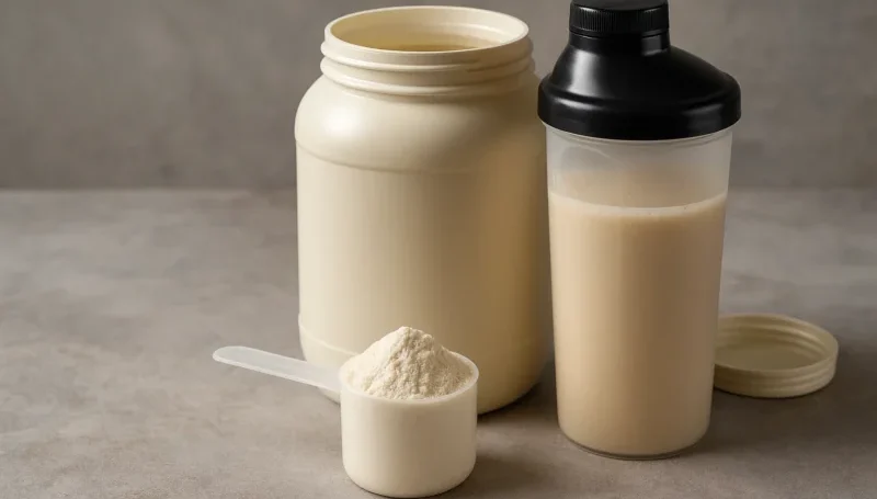 Plastična posuda sa proteinskim prahom, merica i šejker sa pripremljenim napitkom – brz i praktičan izvor proteina posle treninga.