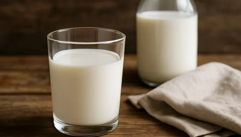 Čaša i flaša mleka na drvenom stolu uz platnenu krpu – prirodan balans proteina, masti i ugljenih hidrata.