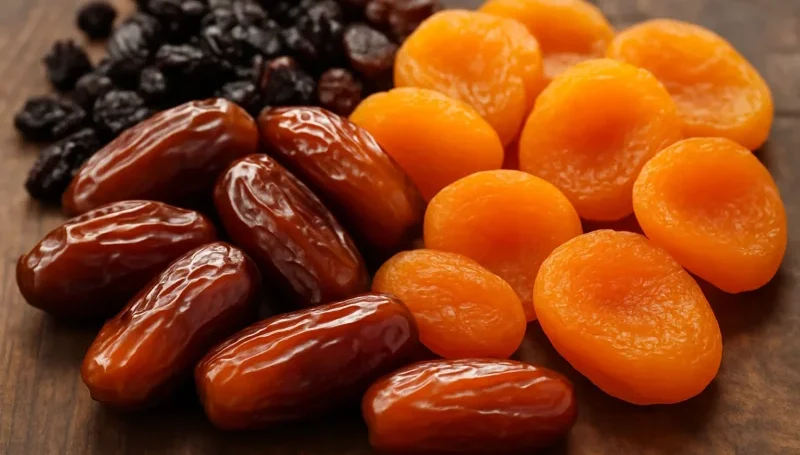 Urme, suve kajsije i grožđice na drvenoj podlozi – prirodan i brz izvor kalorija, vlakana i mikronutrijenata.