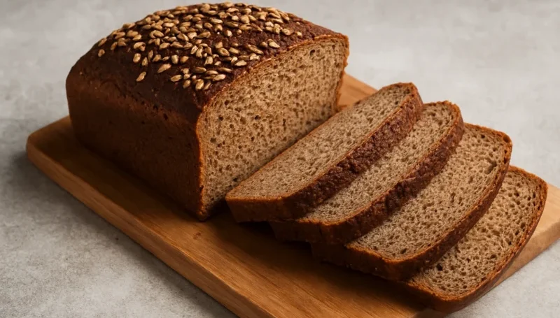 Narezani hleb od celog zrna sa semenkama na drvenoj dasci – izvor sporootpuštajuće energije, vlakana i dugotrajne sitosti.