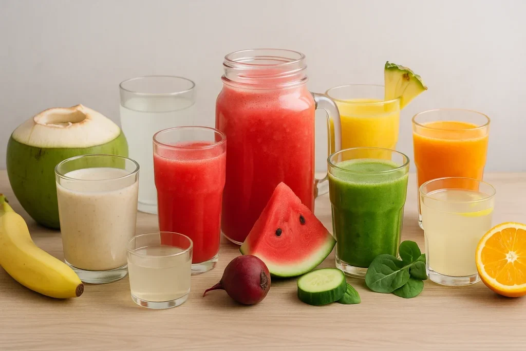 Raznovrsni prirodni napici za oporavak posle treninga – smoothie od banane, kokosova voda, ceđeni sokovi od lubenice, ananasa, narandže, šargarepe i zeleni smoothie sa spanaćem, krastavcem i jabukom.