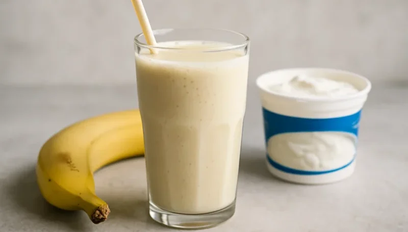 Čaša smoothieja od banane i grčkog jogurta uz svežu bananu i grčki jogurt na svetloj podlozi – idealan napitak za oporavak mišića nakon treninga.