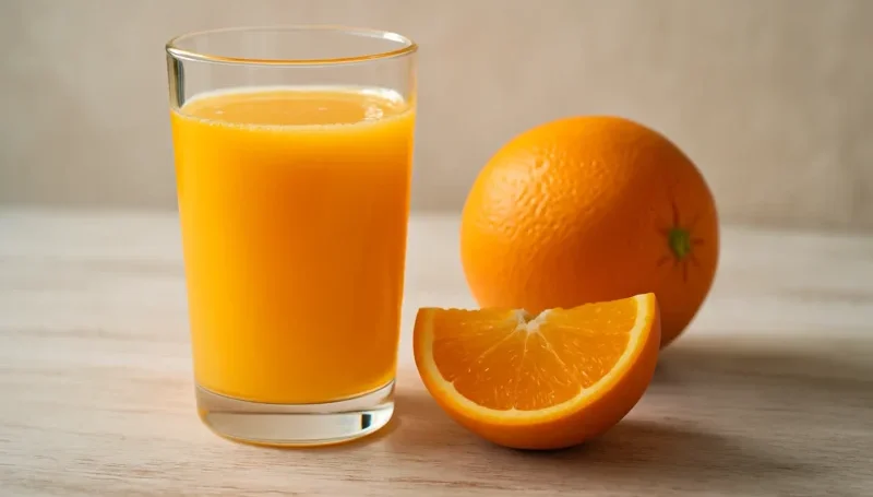 Čaša sveže ceđenog soka od pomorandže uz celu pomorandžu i krišku na drvenoj podlozi – prirodan izvor energije i vitamina C za oporavak posle treninga.