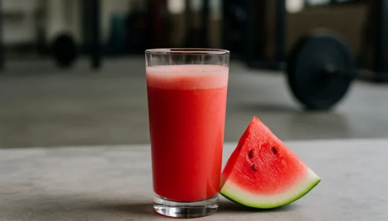 Čaša sveže ceđenog soka od lubenice sa kriškom lubenice na svetloj podlozi, uz zamućenu pozadinu teretane – osvežavajući napitak za brzu hidrataciju nakon treninga.
