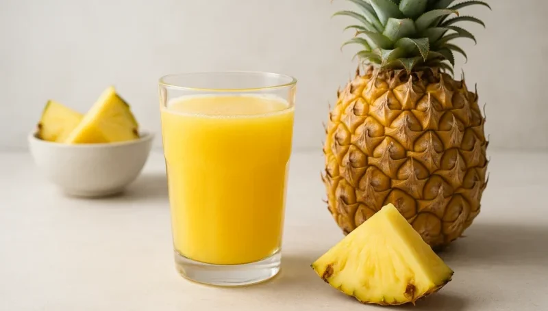 Čaša sveže ceđenog soka od ananasa pored svežeg ananasa i parčeta ananasa na svetloj podlozi – prirodan napitak bogat bromelainom za brži oporavak mišića.