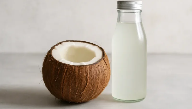 Sveža kokosova voda u staklenoj flaši pored otvorenog kokosa na svetloj podlozi – prirodni izvor elektrolita za rehidraciju nakon treninga.