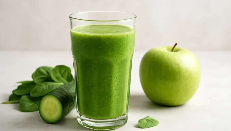 Zeleni smoothie od spanaća, krastavca i jabuke u čaši uz sveže povrće i voće na svetloj podlozi – osvežavajući napitak bogat vitaminima i mineralima za oporavak nakon treninga.