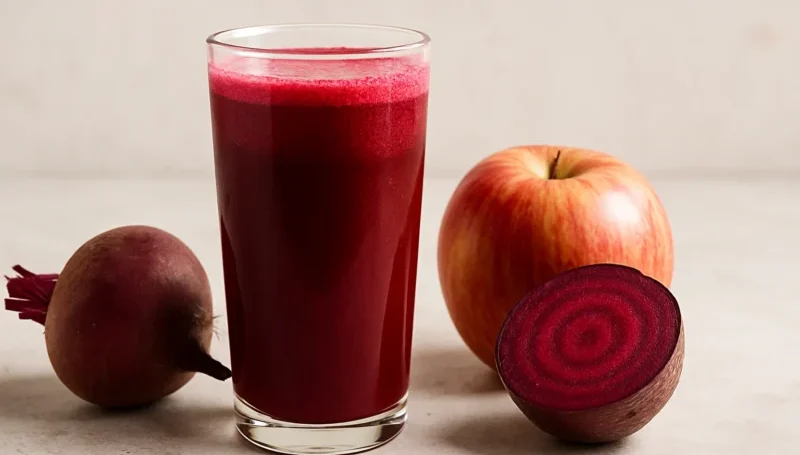 Čaša sveže ceđenog soka od cvekle i jabuke pored sveže cvekle i crvene jabuke na svetloj podlozi – prirodan napitak za poboljšanje cirkulacije i brži oporavak nakon treninga.