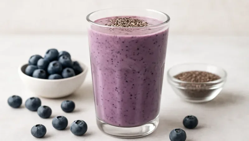Čaša smoothieja od borovnica sa chia semenkama na vrhu, okružena svežim borovnicama i posudom sa chia semenkama na svetloj podlozi – antioksidativni napitak za brži oporavak posle treninga.