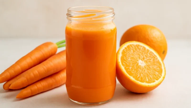 Čaša sveže ceđenog soka od šargarepe i narandže, uz sveže šargarepe i prepolovljenu narandžu na svetloj podlozi – napitak bogat vitaminom A i C za regeneraciju nakon treninga.