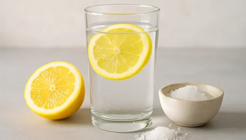 Čaša vode sa kriškom limuna, pored polovine limuna i posudice sa morskom solju na svetloj podlozi – prirodan napitak za brzo obnavljanje elektrolita posle treninga.