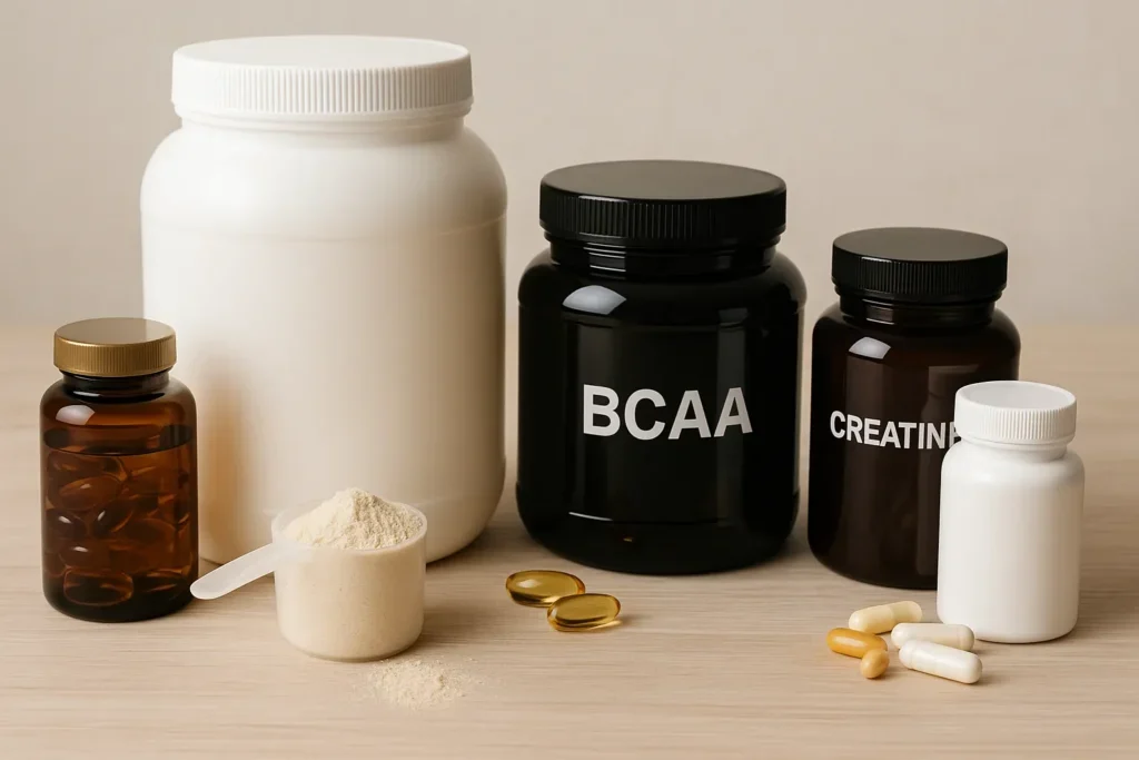 Suplementi za oporavak nakon treninga - whey protein, BCAA, kreatin, omega-3 kapsule i vitamini na svetloj površini.