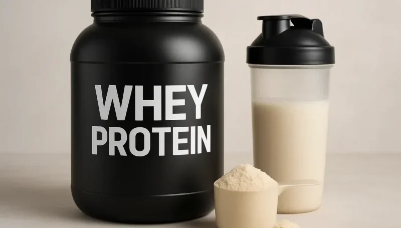 Whey protein u crnoj posudi sa šejkerom i mericom praha na svetloj podlozi.