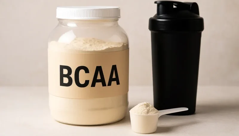 BCAA suplement u plastičnoj posudi sa mericom praha i crnim šejkerom na svetloj podlozi.