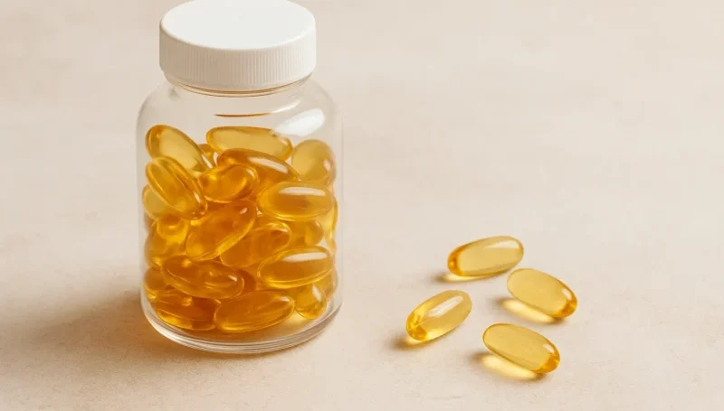 Providna bočica sa omega-3 kapsulama na svetloj podlozi, sa nekoliko kapsula raspoređenih pored.