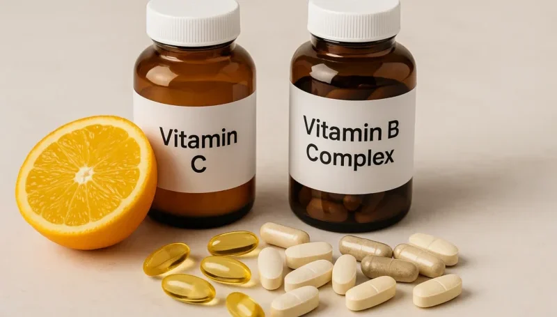 Bočice vitamina C i vitamina B kompleksa sa tabletama i polovicom narandže na svetloj podlozi.