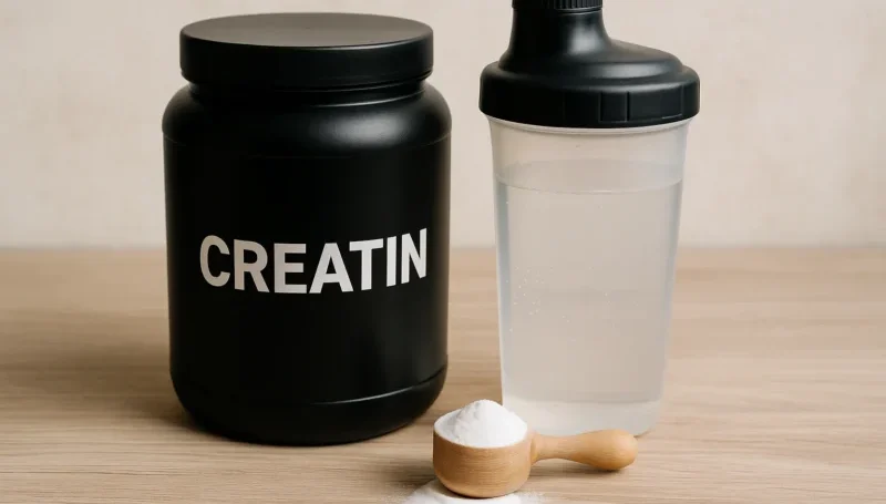 Kreatin suplement u crnoj posudi sa drvenom mericom praha i šejkerom sa vodom na svetloj drvenoj površini.