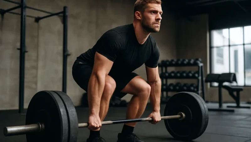 Muškarac izvodi mrtvo dizanje sa šipkom u teretani – ključna složena vežba za razvoj celokupne snage tela.