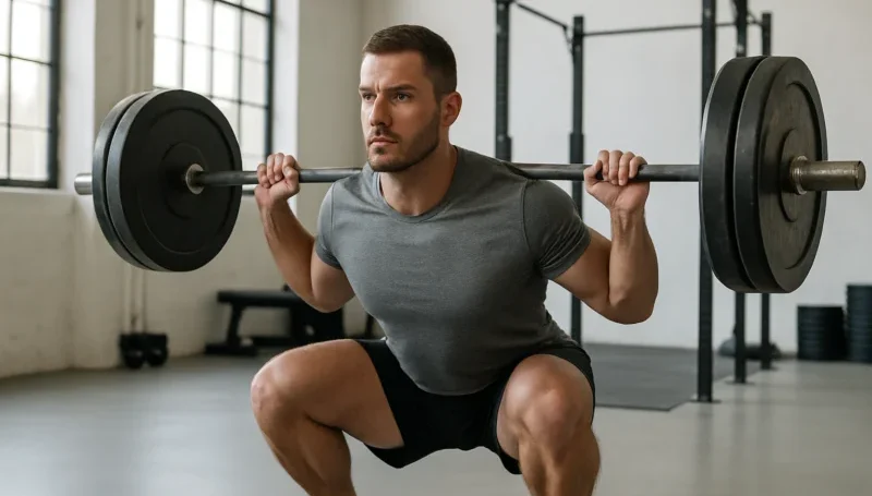 Muškarac izvodi čučanj sa opterećenjem na leđima u teretani – osnovna složena vežba za snagu i izgradnju mišića.
