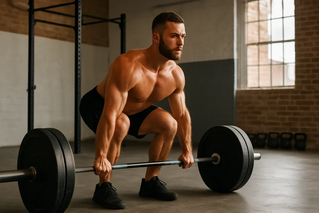 Muškarac izvodi mrtvo dizanje sa olimpijskom šipkom u teretani – primer složene vežbe za razvoj snage i mišićne mase.