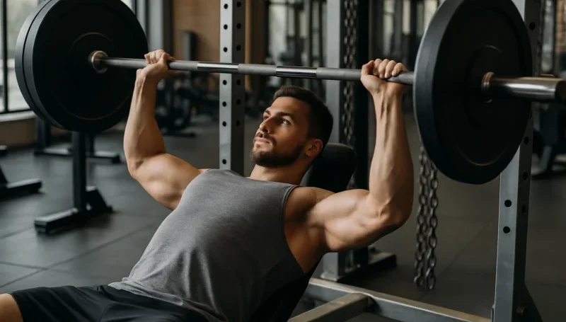 Muškarac izvodi bench press sa šipkom na kosoj klupi – popularna složena vežba za jačanje grudi, ramena i tricepsa.